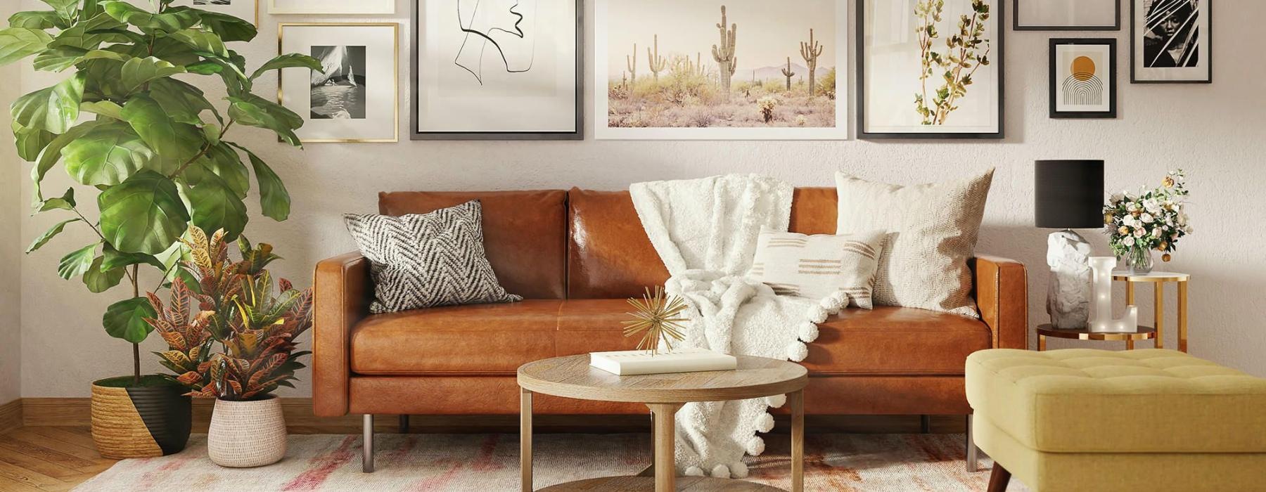 a living room with a couch and a table