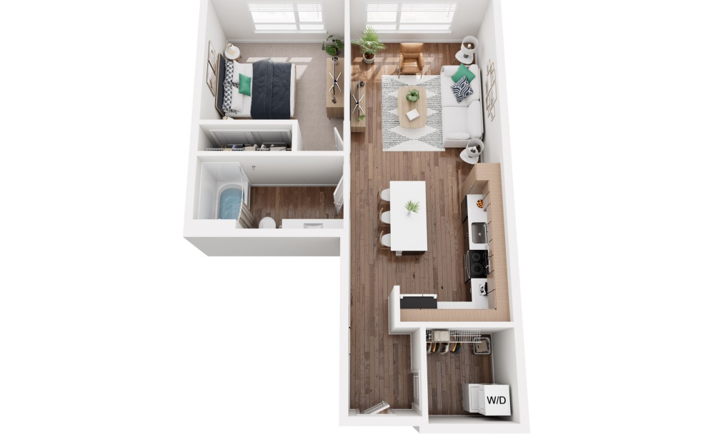 A1 - 1 bedroom floorplan layout with 1 bathroom and 640 - 850 square feet