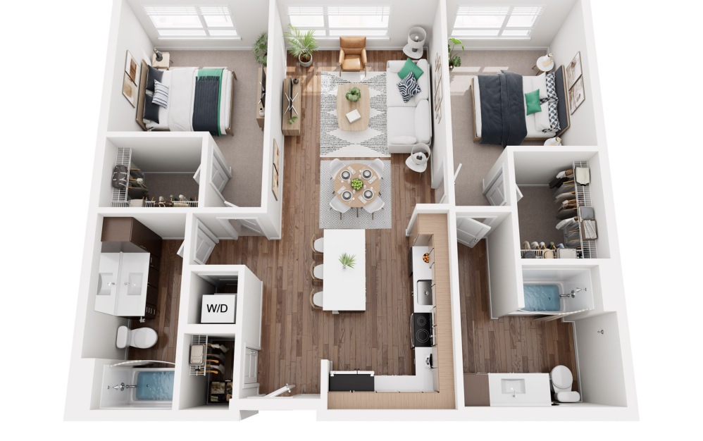 B2 - 2 bedroom floorplan layout with 2 bathrooms and 1021 - 1350 square feet