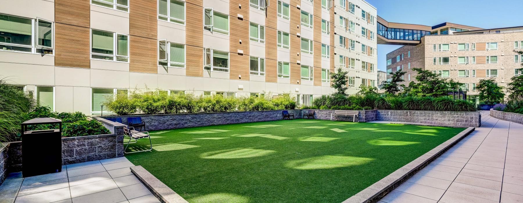 a courtyard in front of a building